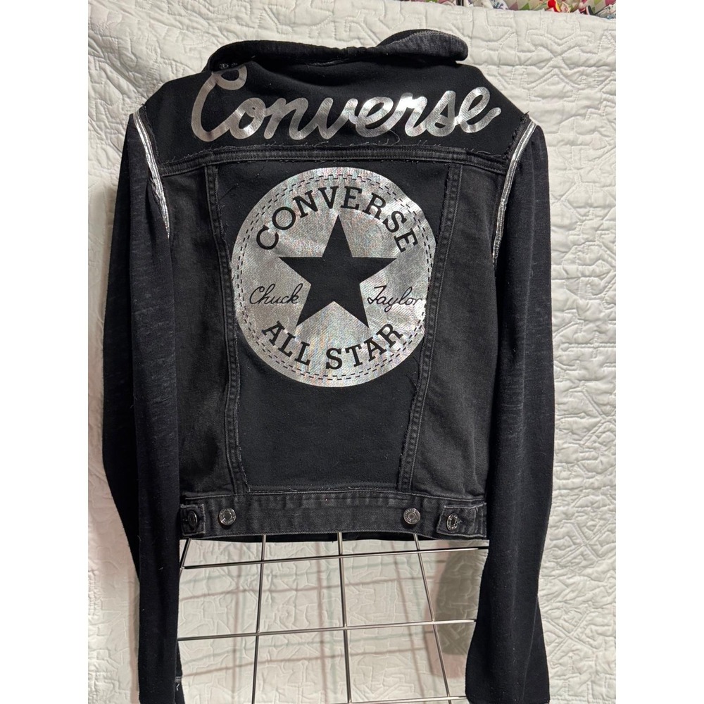Black Denim Hoodie Jacket Custom Converse All Star Graphic Silver Trim
